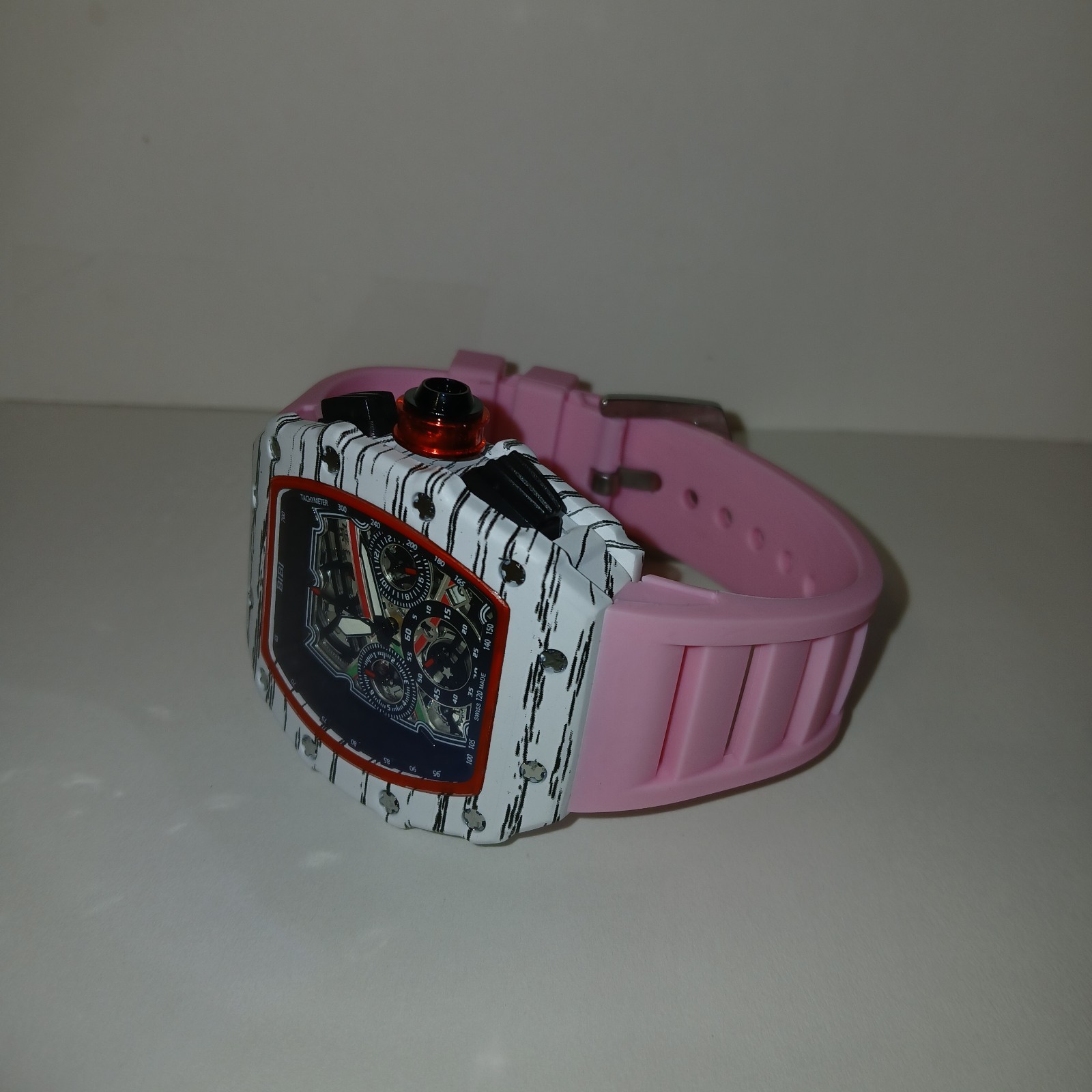 ​BiBi Sports Quartz Watch Chronograph Skeleton Face White Tonneau Pink Rubber