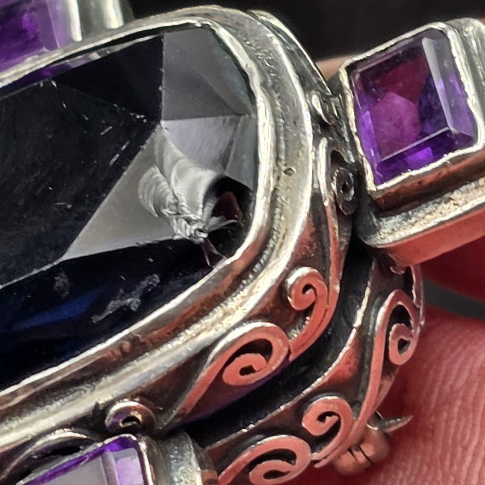 Vtg. Artisan 925 Silver Pendant Brooch Synth Sapphire Natural Amethyst 45+grams