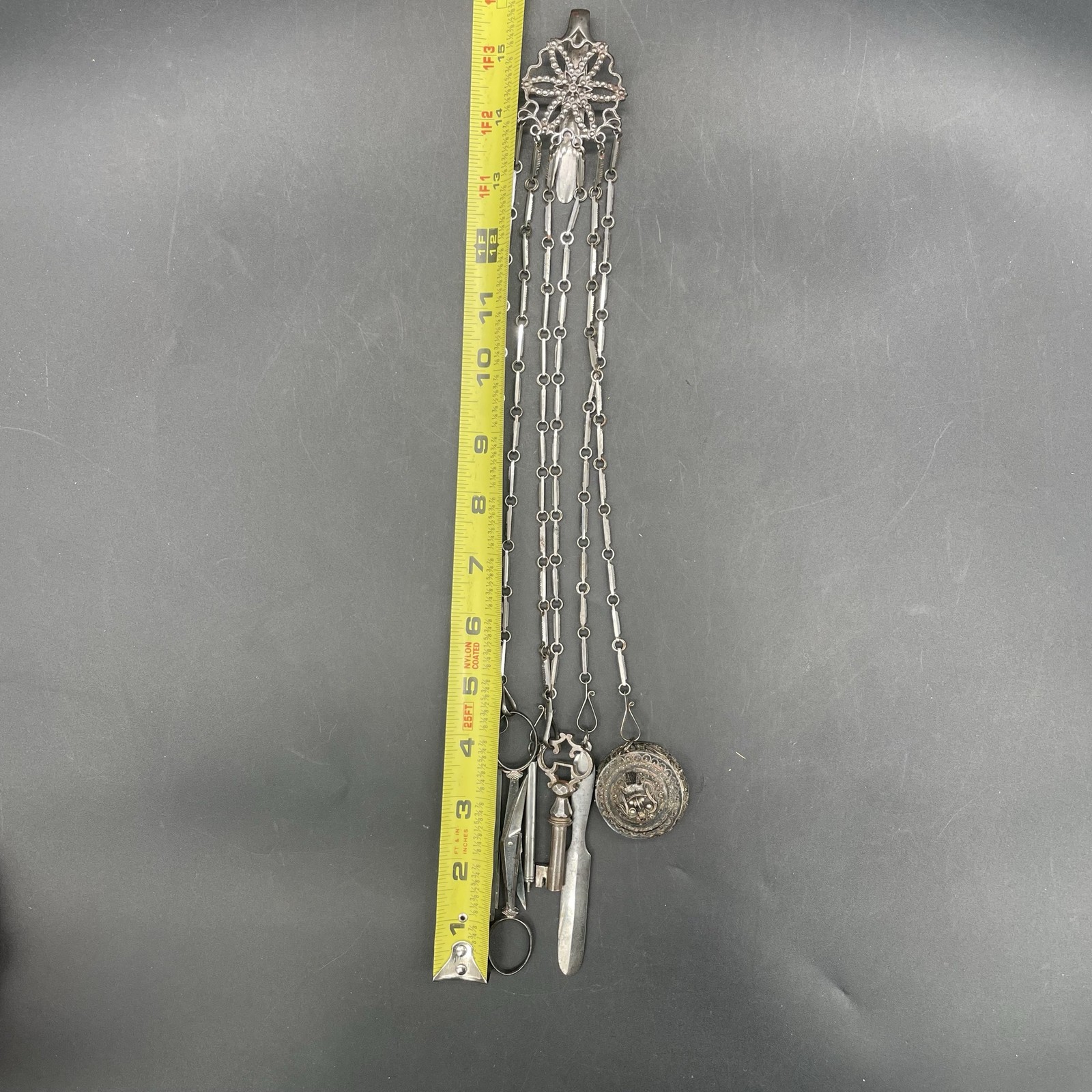 Chatelaine Antique Silver Metal 15” Scissors Key Locket Blades W. Lund