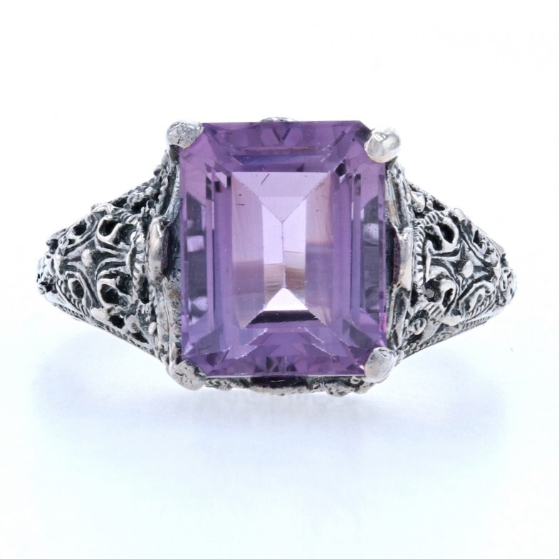 Sterling Amethyst Cocktail Solitaire Ring – 925 Emerald Cut 2.90ct Filigree Sz 8