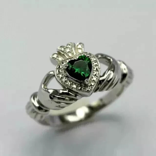 2.2CT Heart Cut Lab Created Emerald Claddagh Engagement Ring 925 Sterling Silver