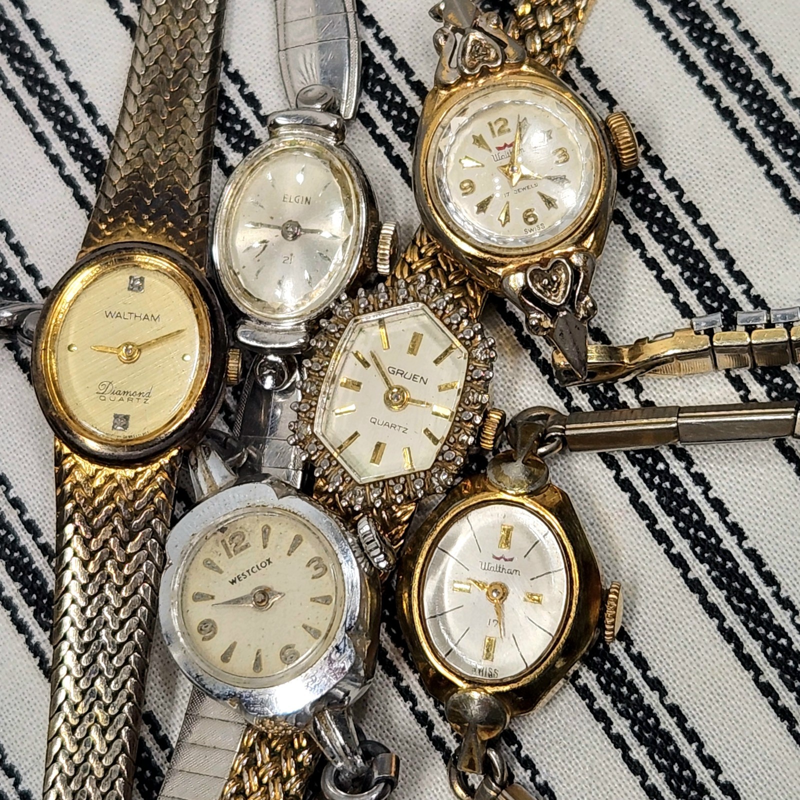 Vtg. Ladies Watch Lot – ELGIN 21J 10K RGP, WALTHAM W.German Diamond & 17J, Swiss