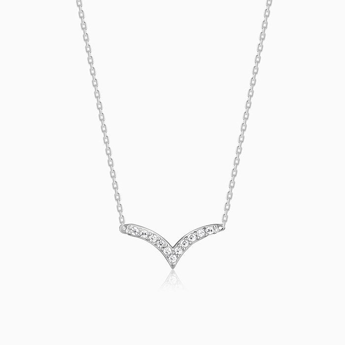 Fine 925 Sterling Silver V Shape CZ Pendant Necklace 17-19″ Adjustable for Women