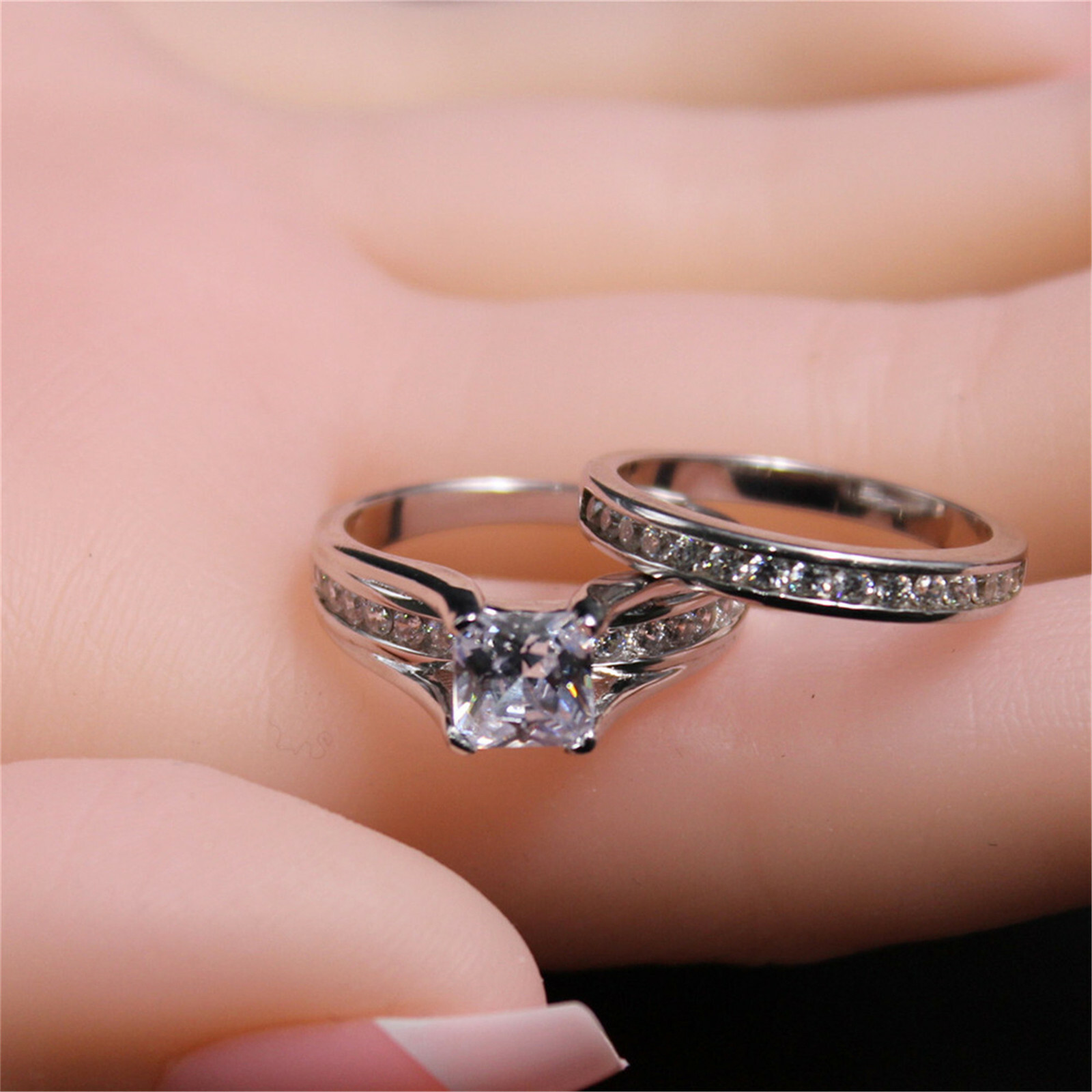 Wedding Engagement Ring Set Solid 925 Sterling Silver Princess cut Size 5-10 Her