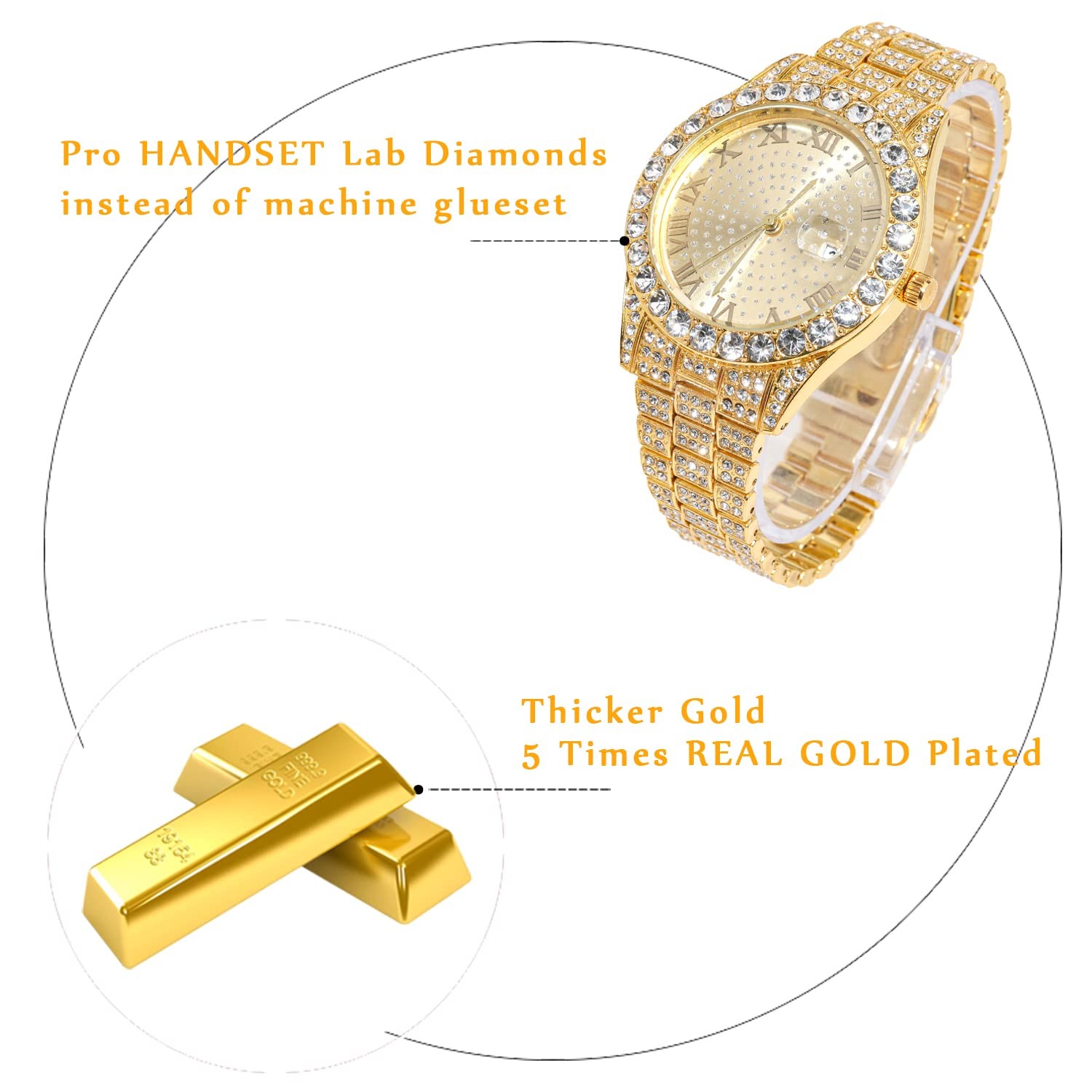Men’s Gold Watch Diamond Iced Out Luxury 42MM Round Quartz Wristband Gift Box