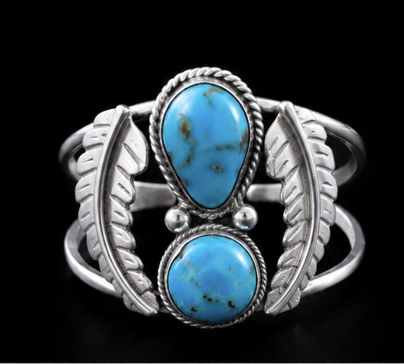 Native American Sterling Silver Leaf Turquoise Cuff Bracelet