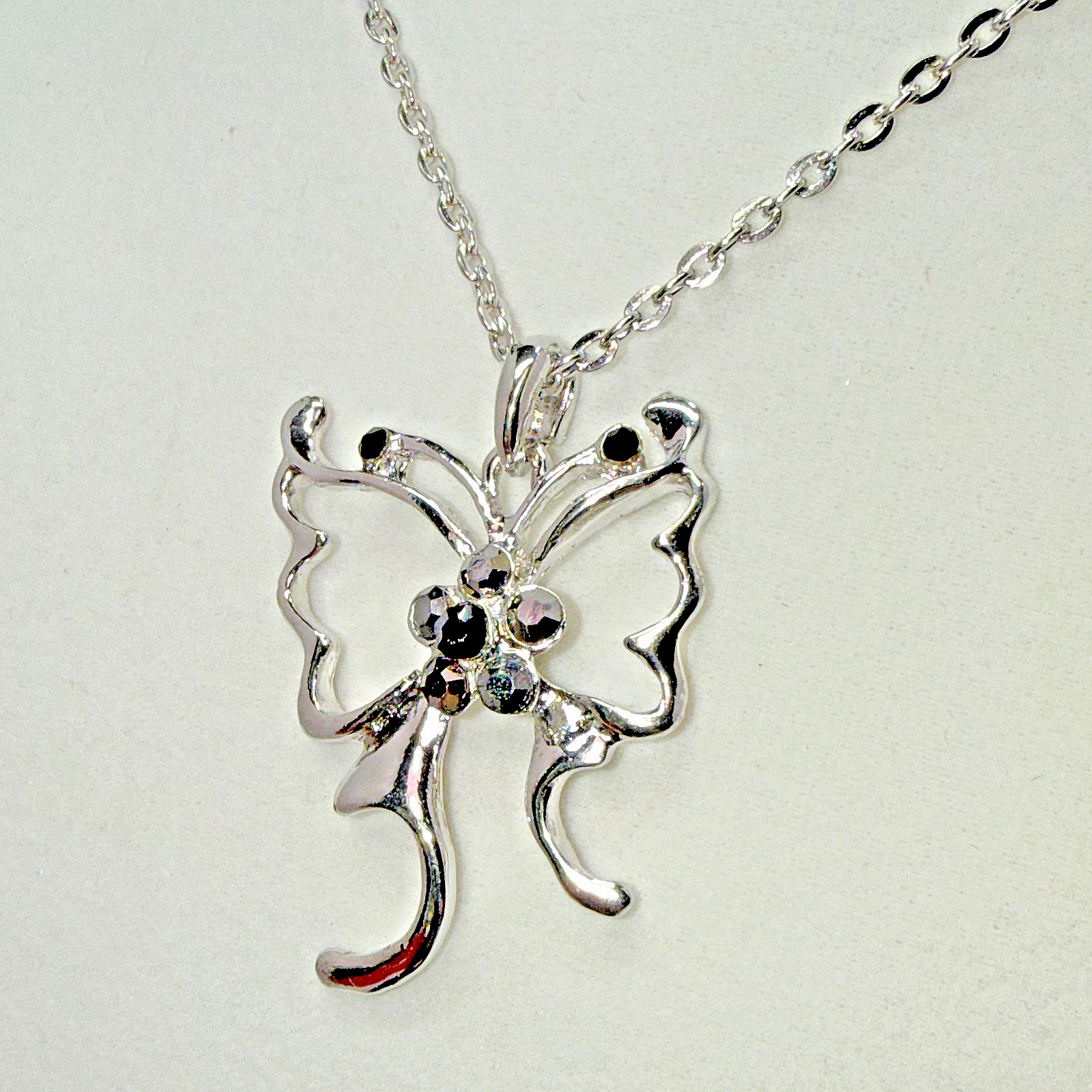 Silver Tone Openwork Ornate Butterfly Pendant Necklace Black Rhinestone Accent