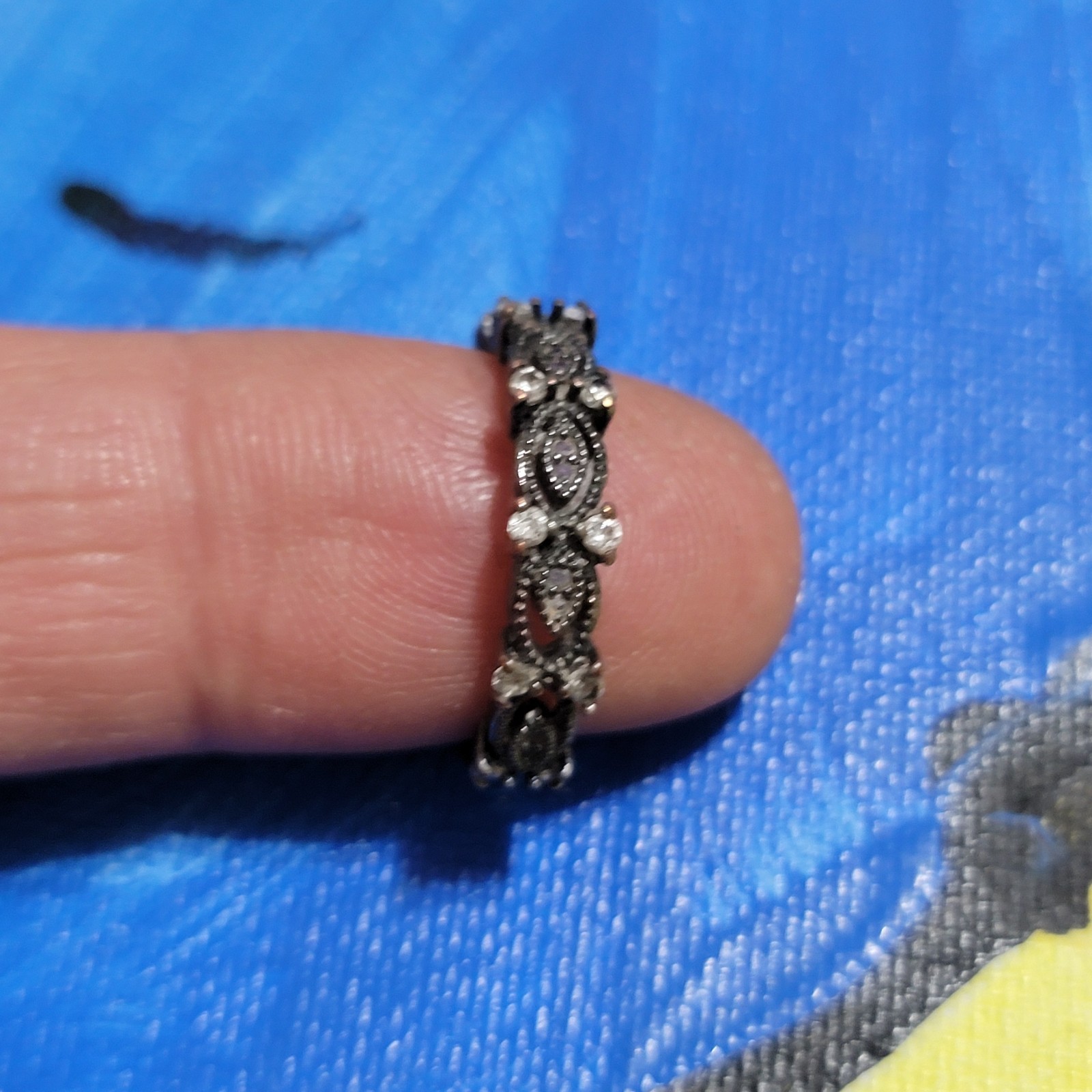 RARE black ruthenium-plated sterling wedding band with clear stones size 8.5