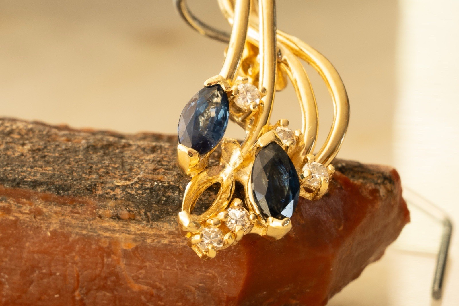 14K Yellow Gold Natural Marquise Sapphire & Diamond Stud Earrings