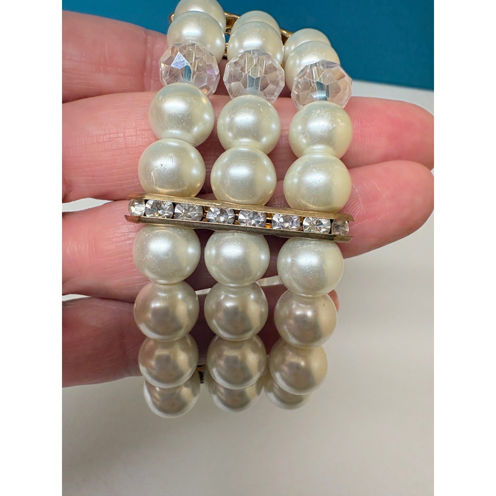 Triple Strand Faux Pearl Stretch Bracelet Gold Tone Rhinestone Cream White
