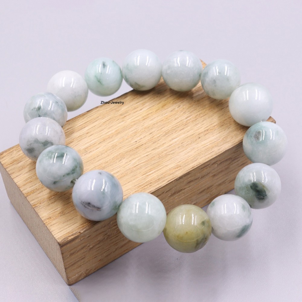 NEW 13mm Natural Grade A Jade Spotted Bead Elastic Bracelet Fit 6.7inch Wrist