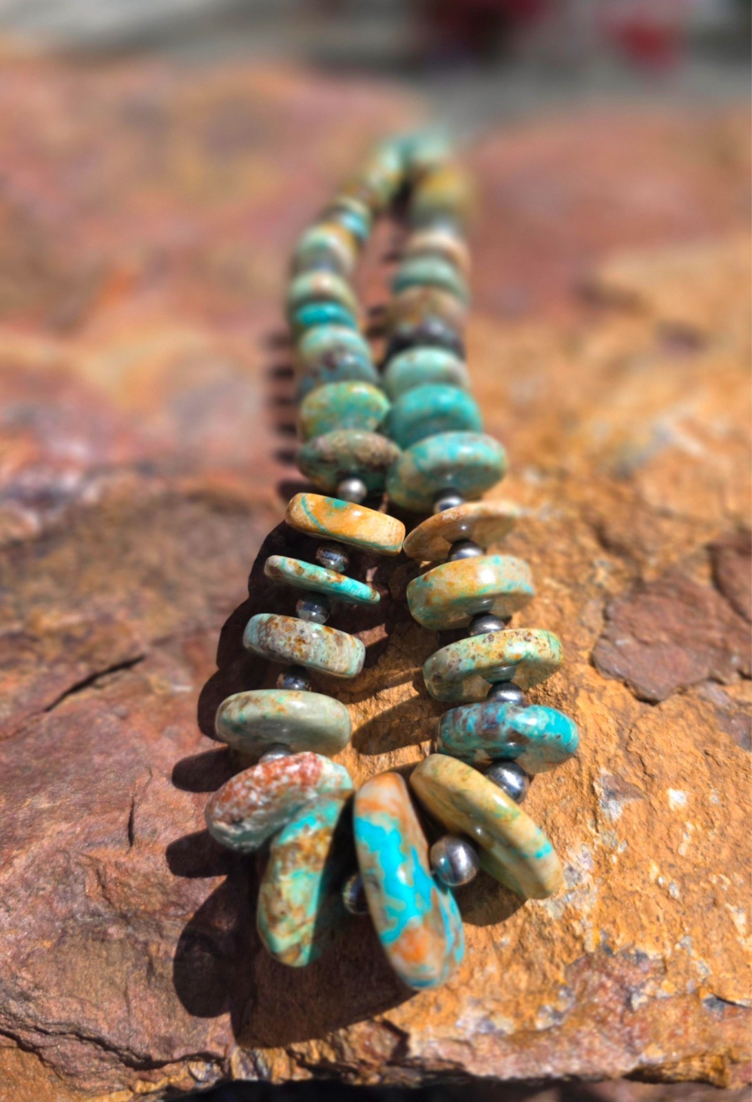 Sterling Silver Natural Hubei Turquoise Graduated Rondelle Beaded Necklace