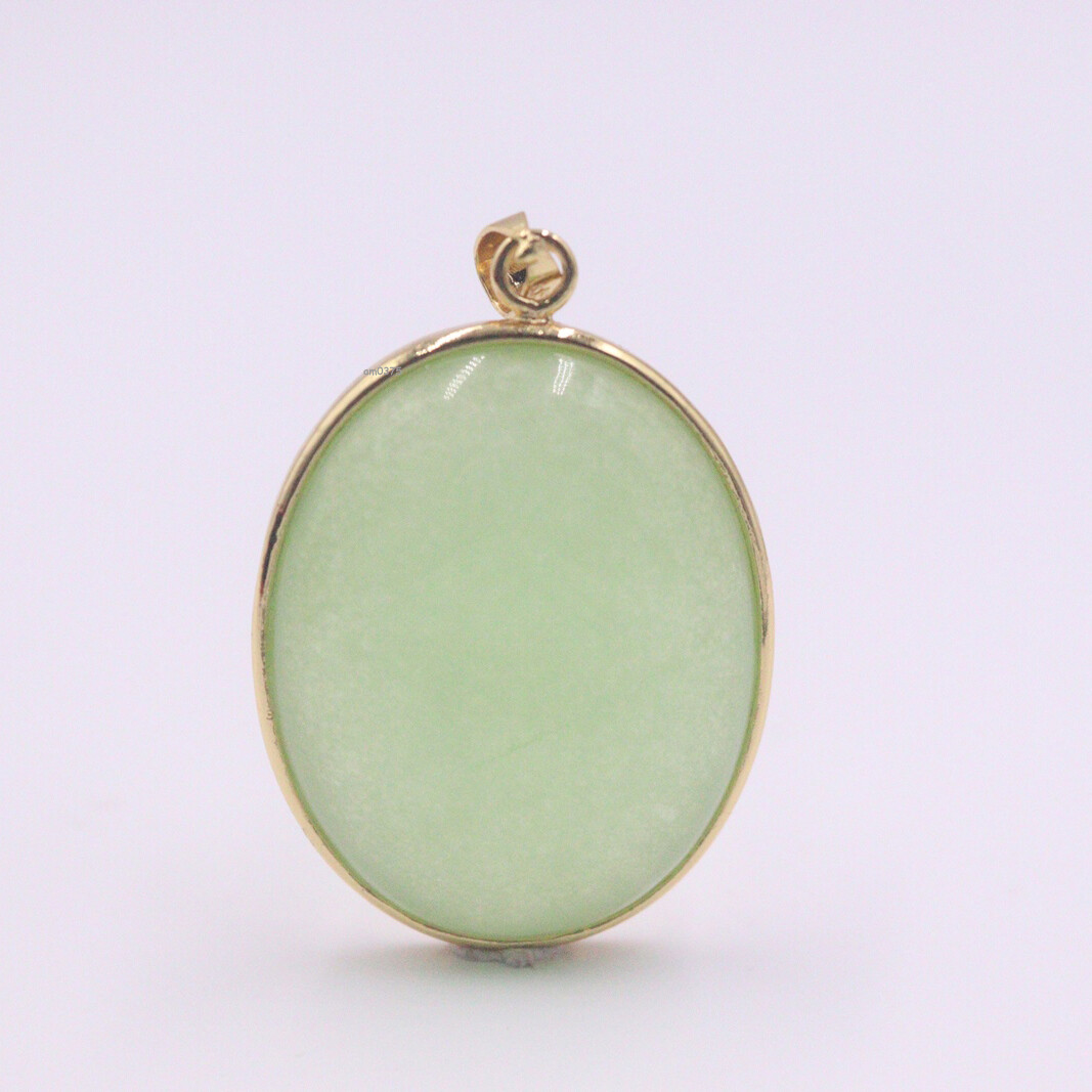 Yellow Gold-Plated Alloy Handmade Light Green Jade Big Round Pendant 40*25MM
