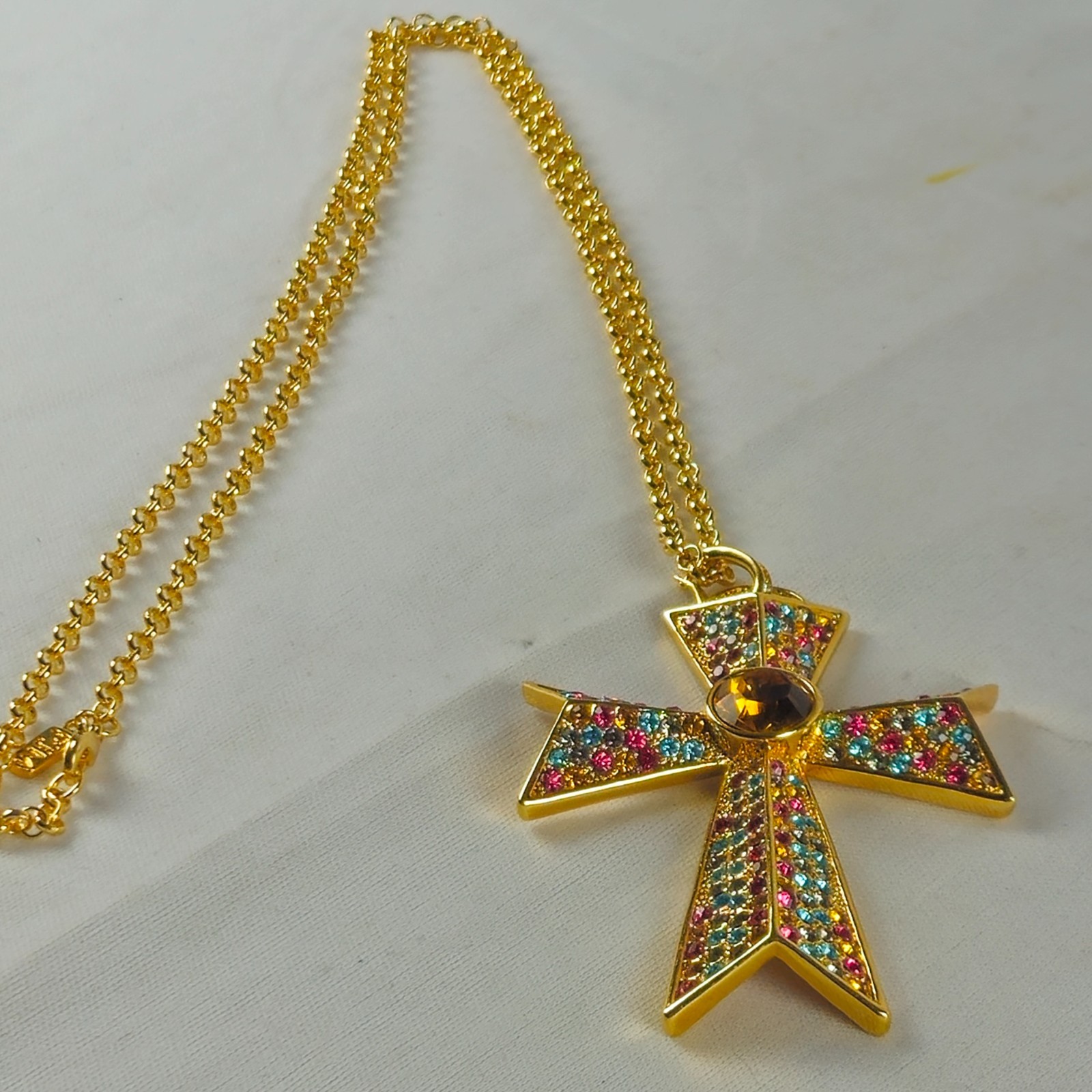 Gold Tone Cross Pendant Necklace Amber Gemstone Religious Christian 50g 18″ Vtg