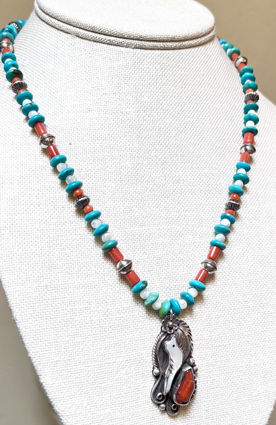 LOVELY Native, Navajo Signed Sterling Silver Turquoise, Coral, Etc Bird Necklace