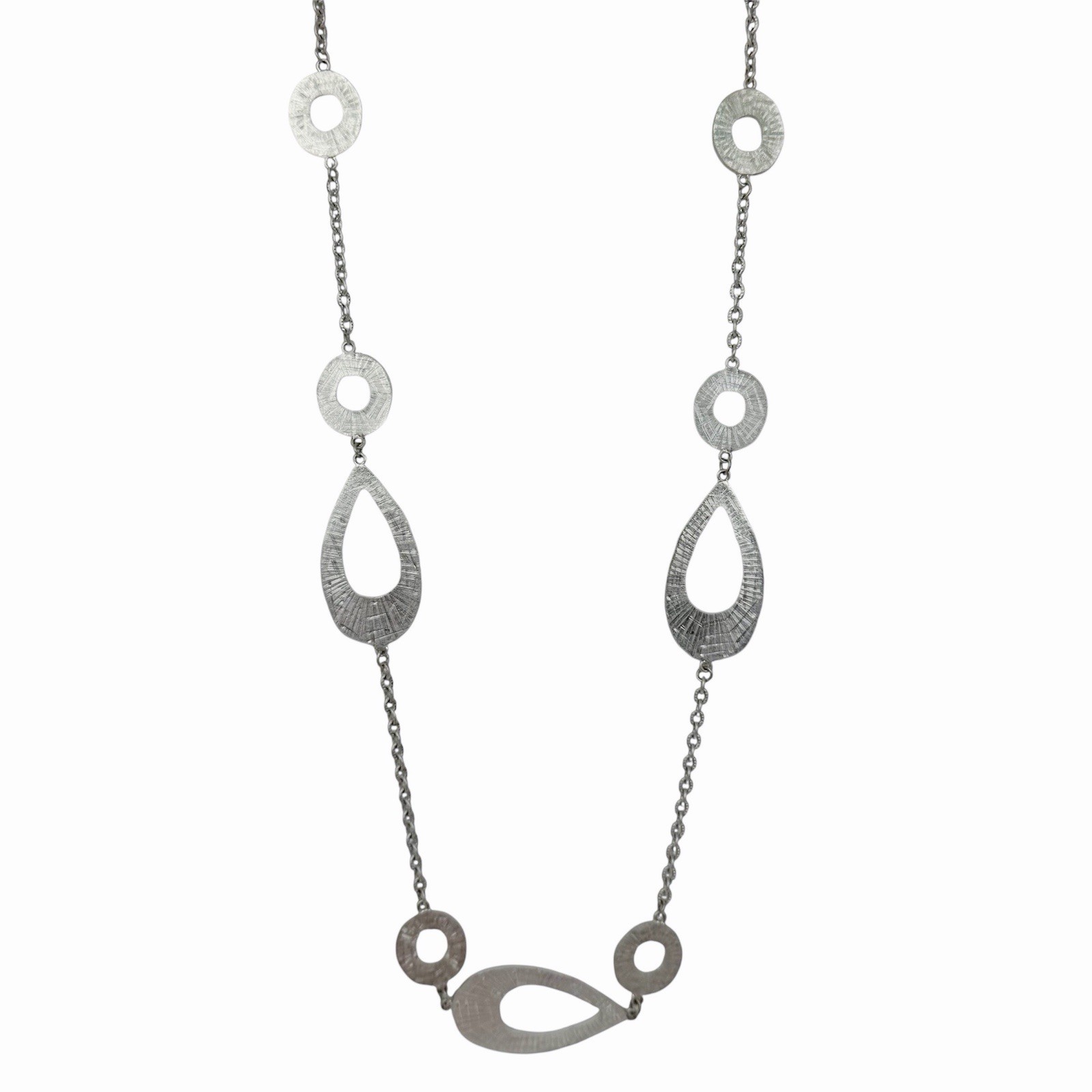 Chico’s Silver Long Geometric Necklace Brushed Textured Open Teardrop Circles