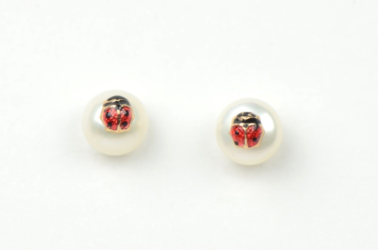 14k Yellow Gold Red and Black Enamel Lady Bug Baby earrings with Screw Back