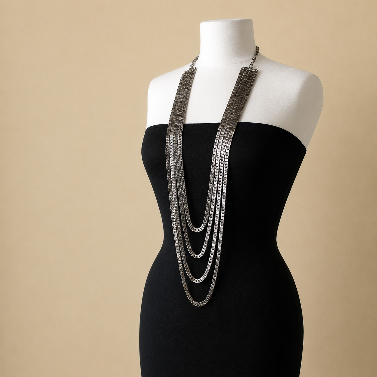 Gunmetal Statement Necklace – Four Strand Liquid Metal Fashion Necklace