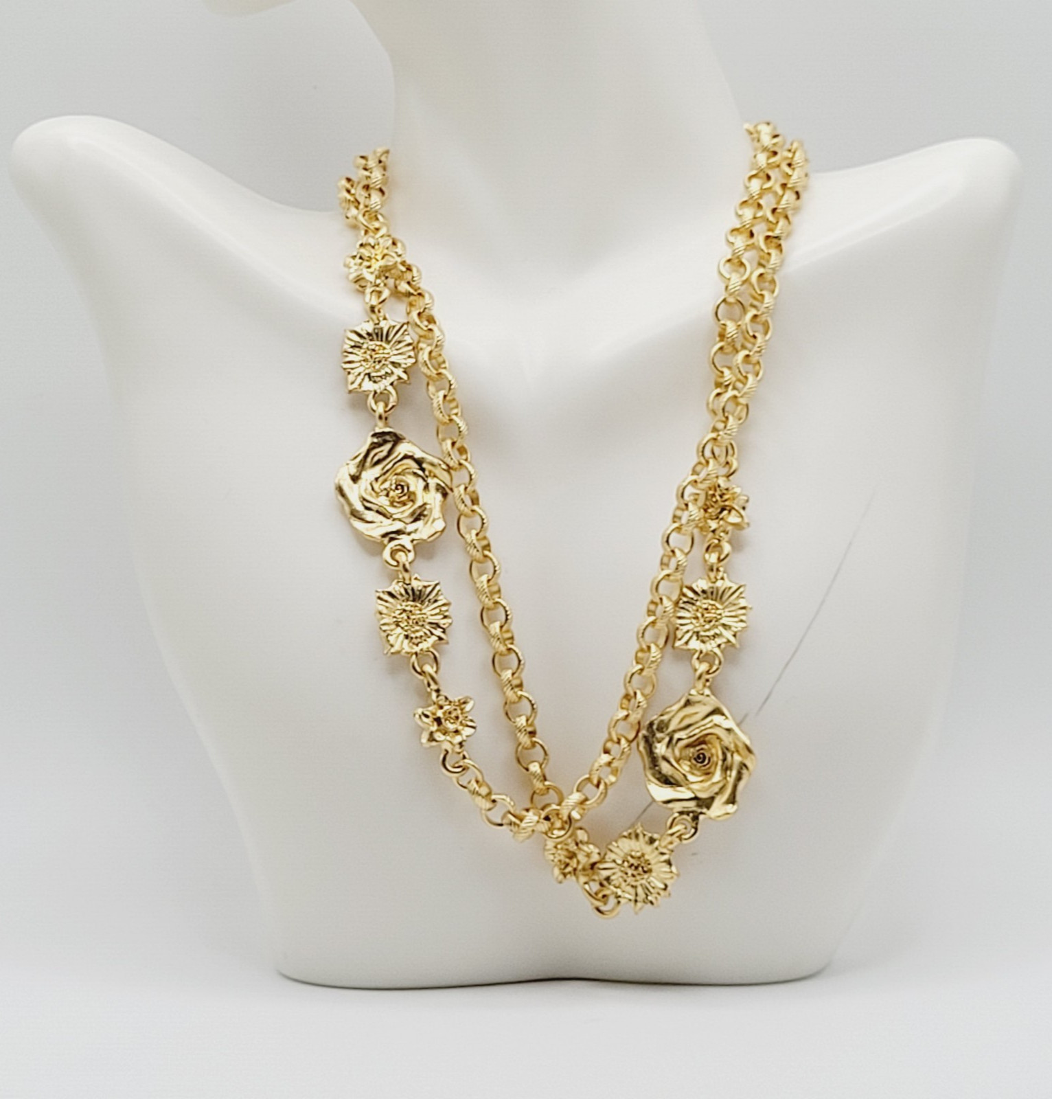 Unique Rose Floral Station Style Bright Gold Tone Sautoir Vintage Necklace Korea