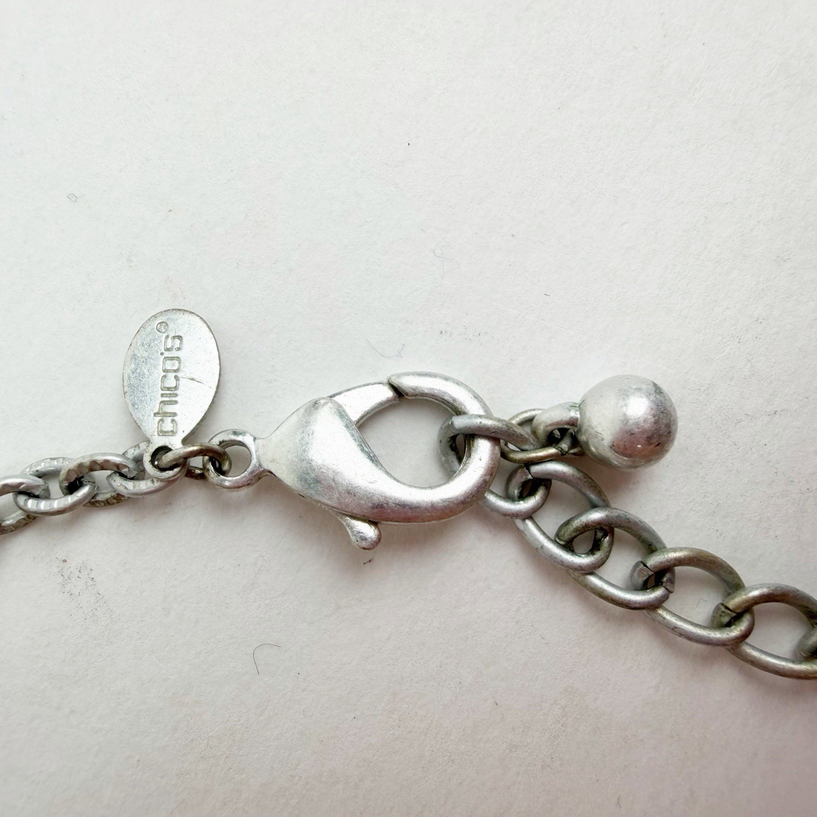 Chico’s Silver Long Geometric Necklace Brushed Textured Open Teardrop Circles