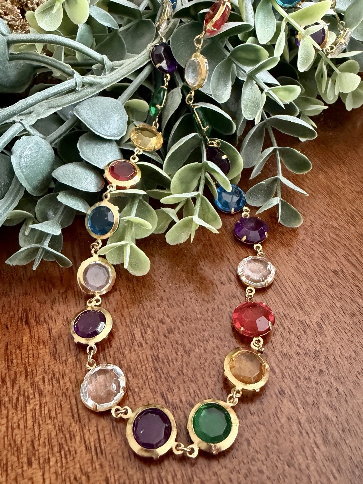 Vintage Multi‑Color Faceted Glass Bezel Necklace, Korea Marked, 1970s–1990s