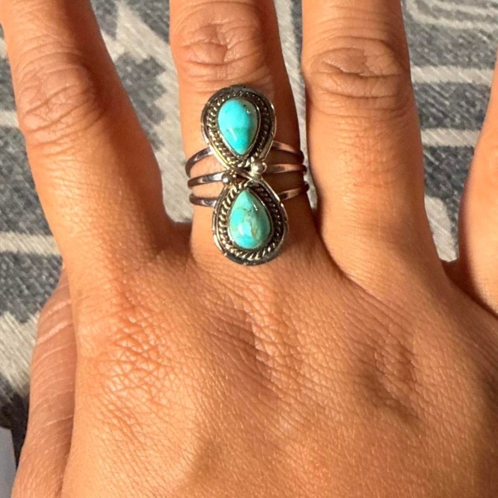 Southwestern Double Teardrop Turquoise Statement Ring Silver Tone Split Shank