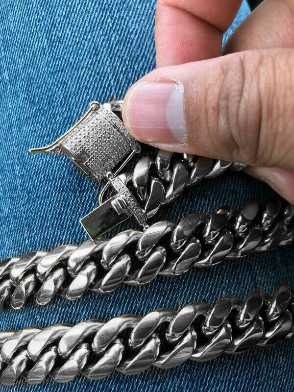 Solid Stainless Steel Necklace Cuban Link Chain For Men Iced out CZ Clasp 8-14MM