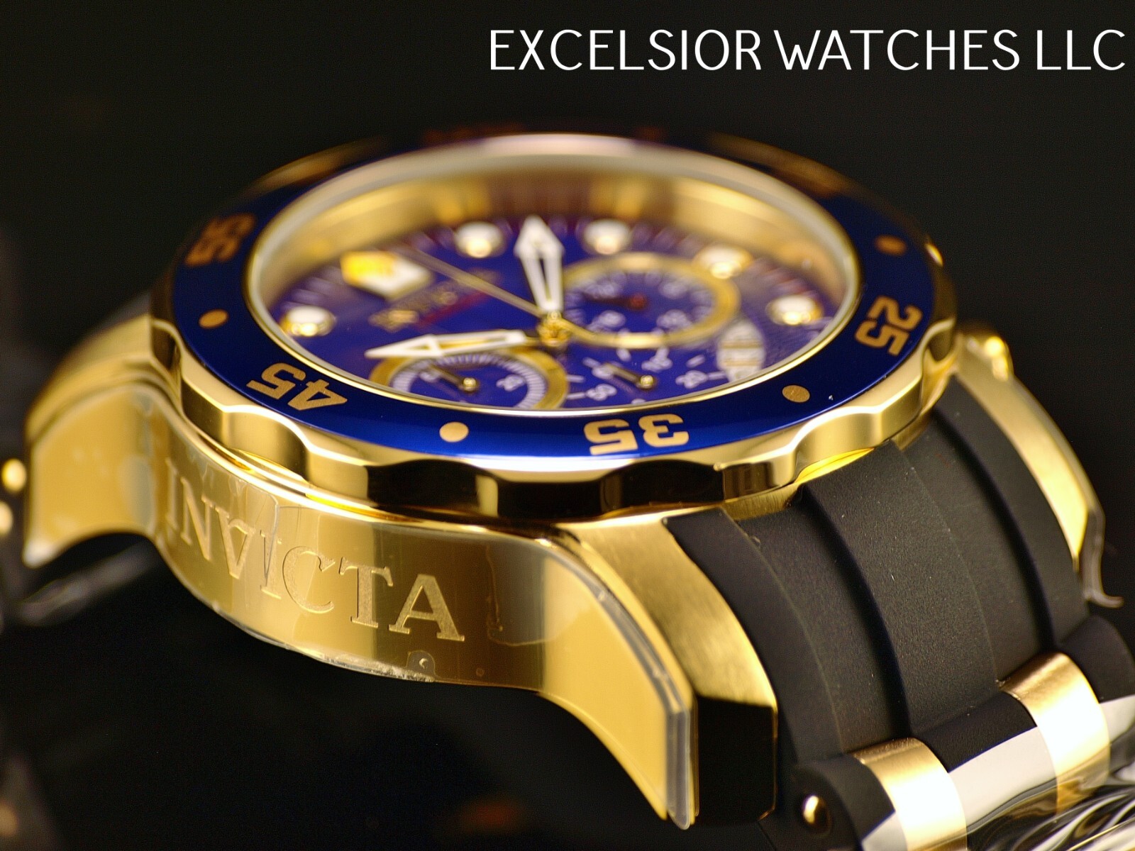 Invicta Mens 48mm PRO DIVER SCUBA Chronograph BLUE Dial 18K Gold Plated SS Watch