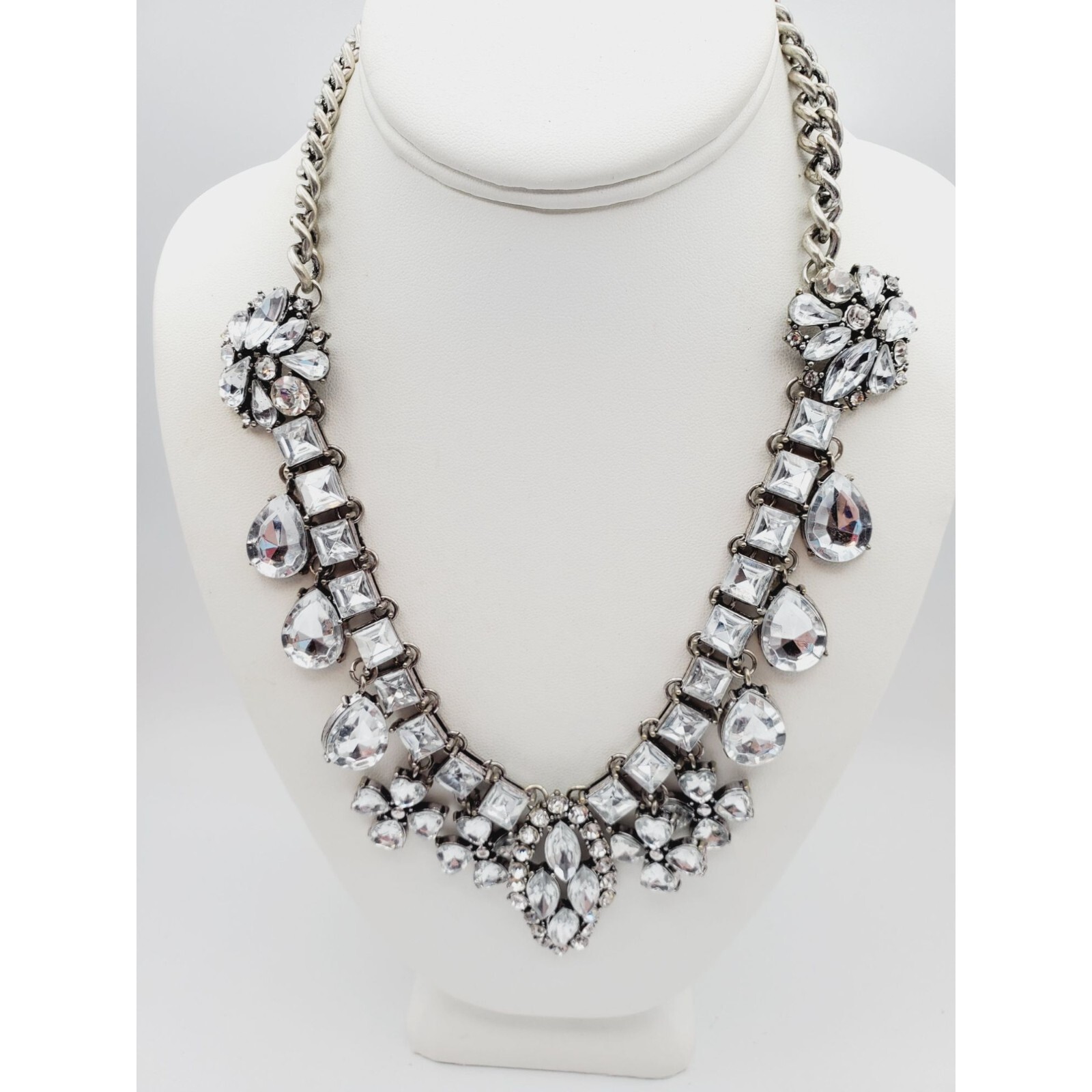 Statement silver tone Rhinestone flower square tear drop pear Necklace 18″