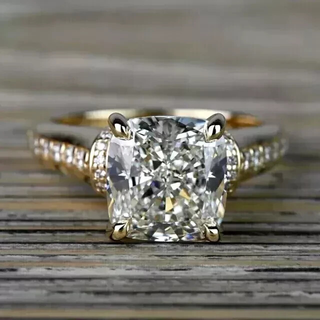 3Ct Cushion Cut Real Moissanite Bridal Set Wedding Ring 14K Yellow Gold Plated