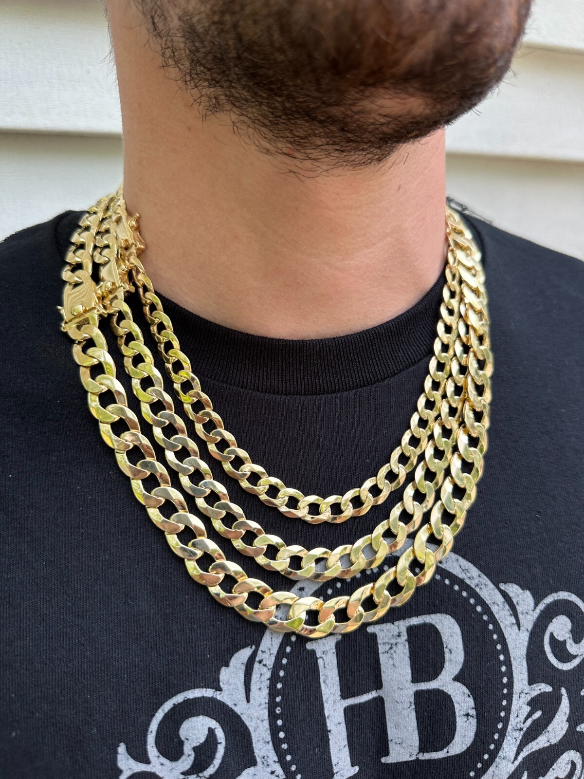 Flat Curb Cuban Link Chain Necklace Real 14k Gold Plated 925 Silver Box Clasp