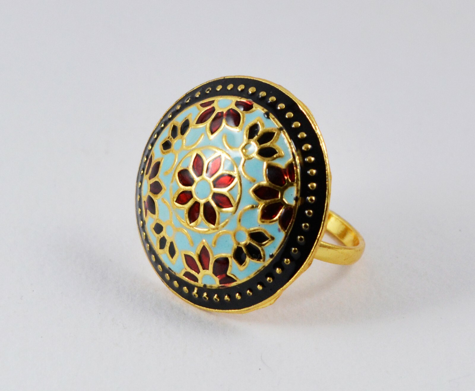 Sea Blue Handmade Meenakari Work Finger Ring, Hand Painted Enamel Boho Ring