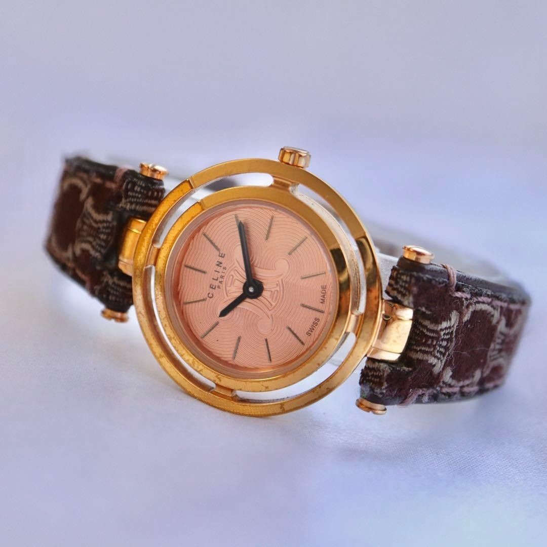 Vintage CELINE Macadam Triomphe Women’s Watch Pink Gold Dial Leather Working