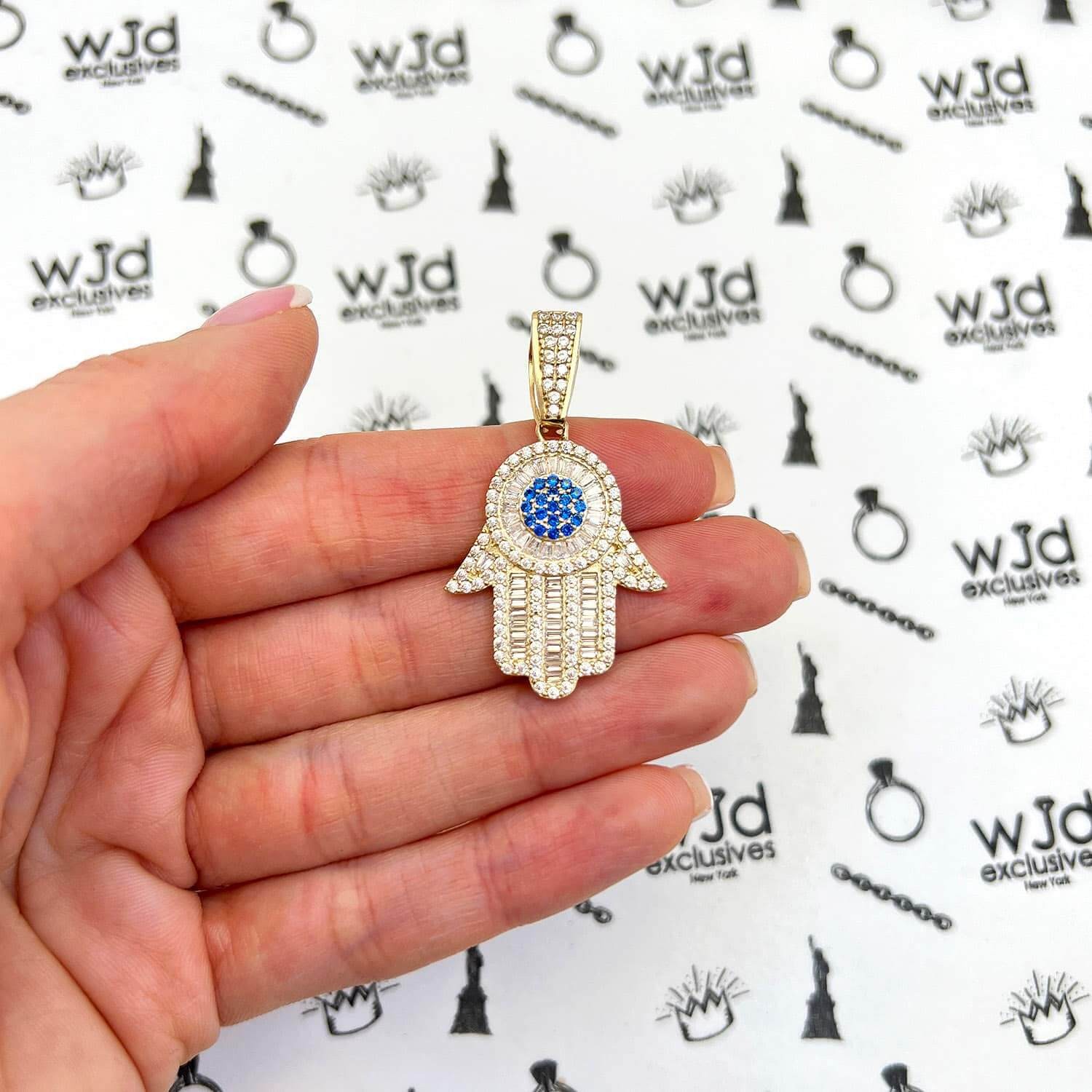 14K Yellow Gold Simulated Baguette Diamond Sapphire Hamsa Charm Pendant 1.6″