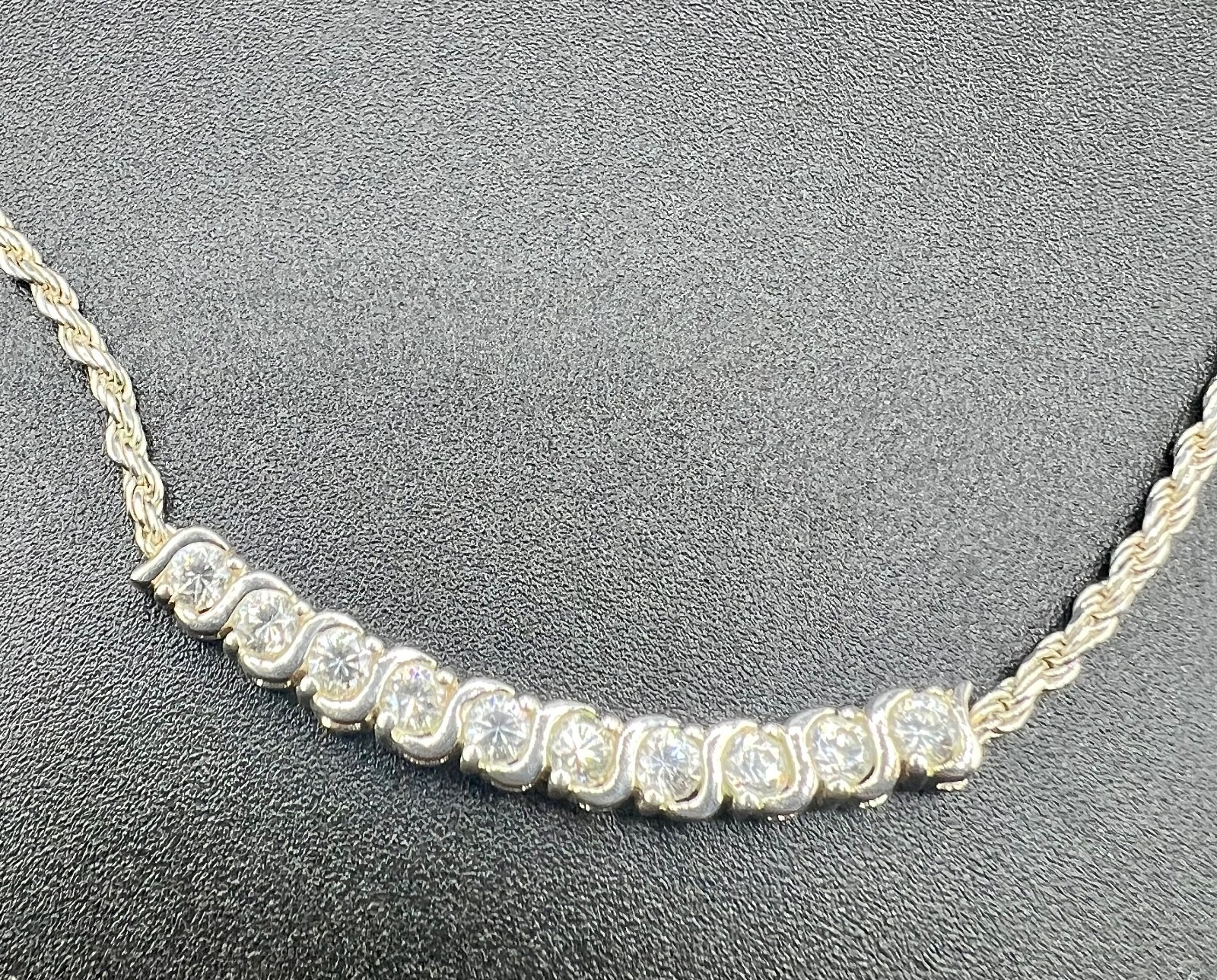 17″ SU Signed 925 Sterling Silver CZ Curved Bar Rope Chain Necklace 7.68g