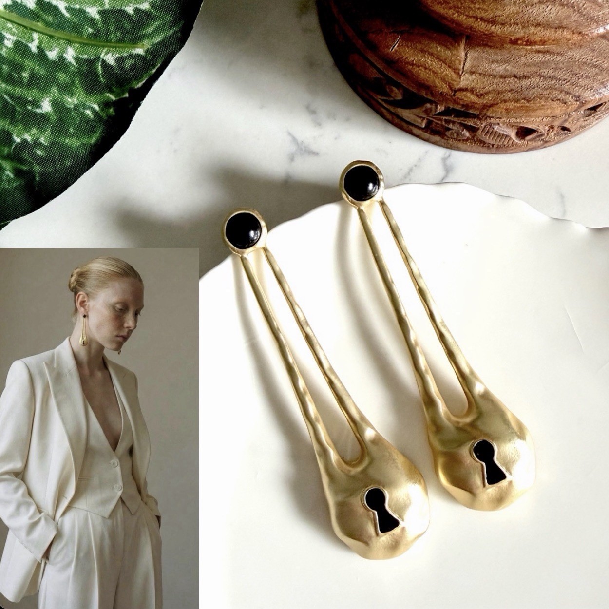 Schiaparelli Inspired Gold Drop Keyhole Long Key Earrings Padlock Surrealist NEW