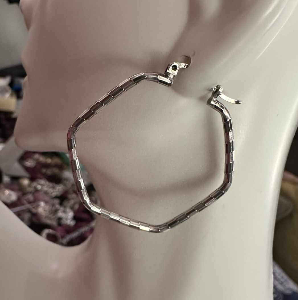 Sterling Silver Pinched Pentagon Hoop Earrings Mexico 1.5″
