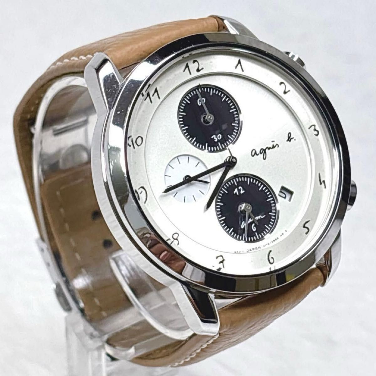 agnes b. SAM Solar Chronograph White Dial Men Leather Watch V172-0AW0