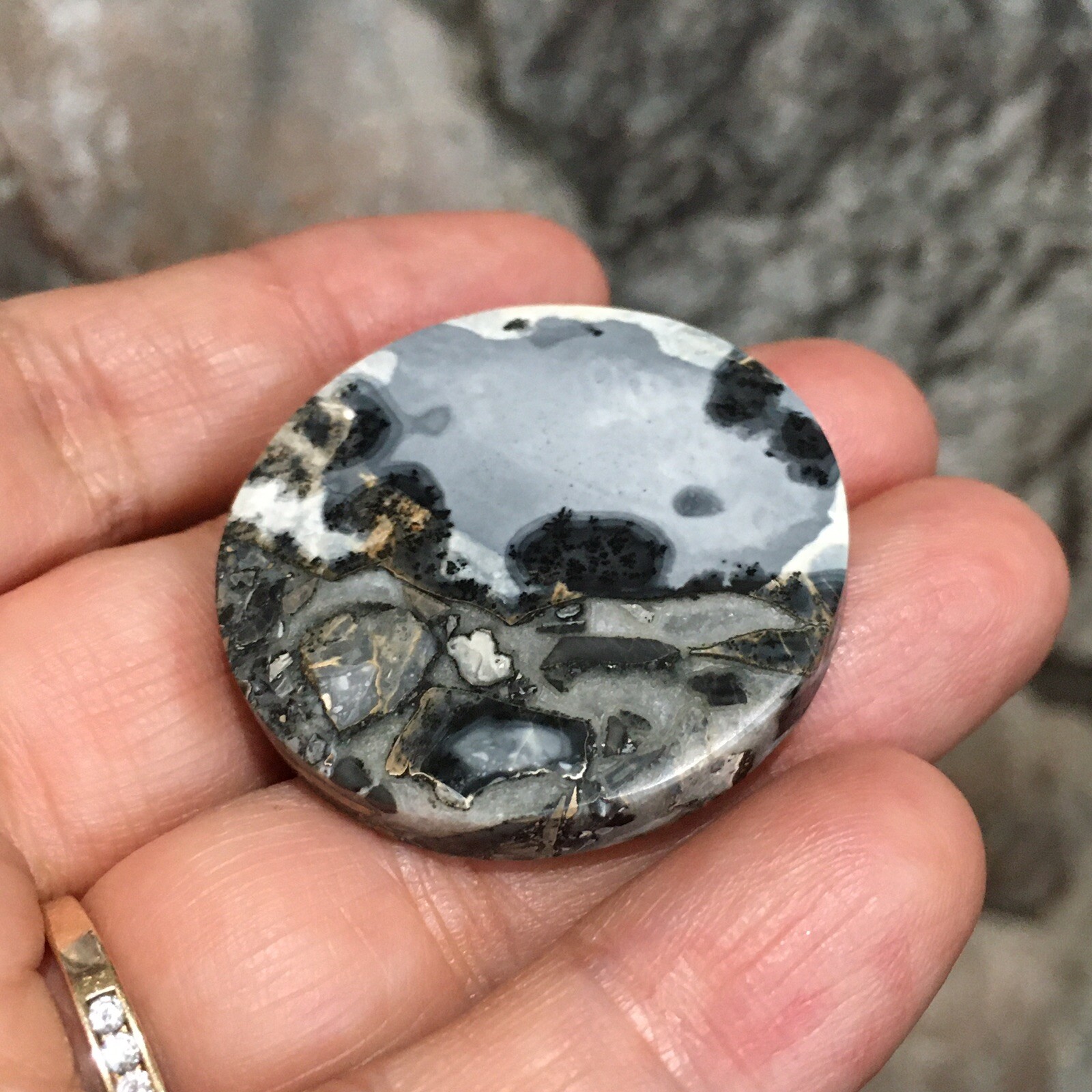 35×5.5mm Collectors’ Fine Maligano Jasper Round Cabochon Picture Stone