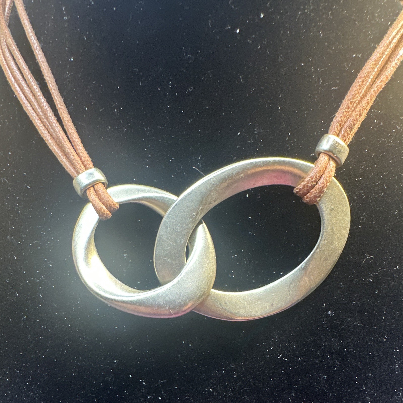 Alfani Silver Tone Double Ring Pendant Brown Faux Leather Cord, Adjustable