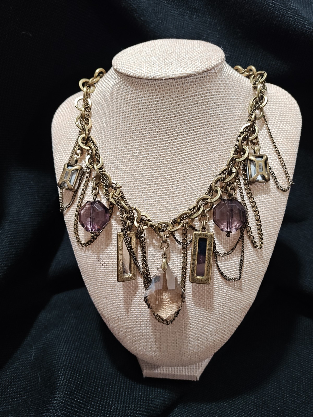 Premier Designs Glamorous Statement Necklace Antiqued Brass Beads Crystals 2012