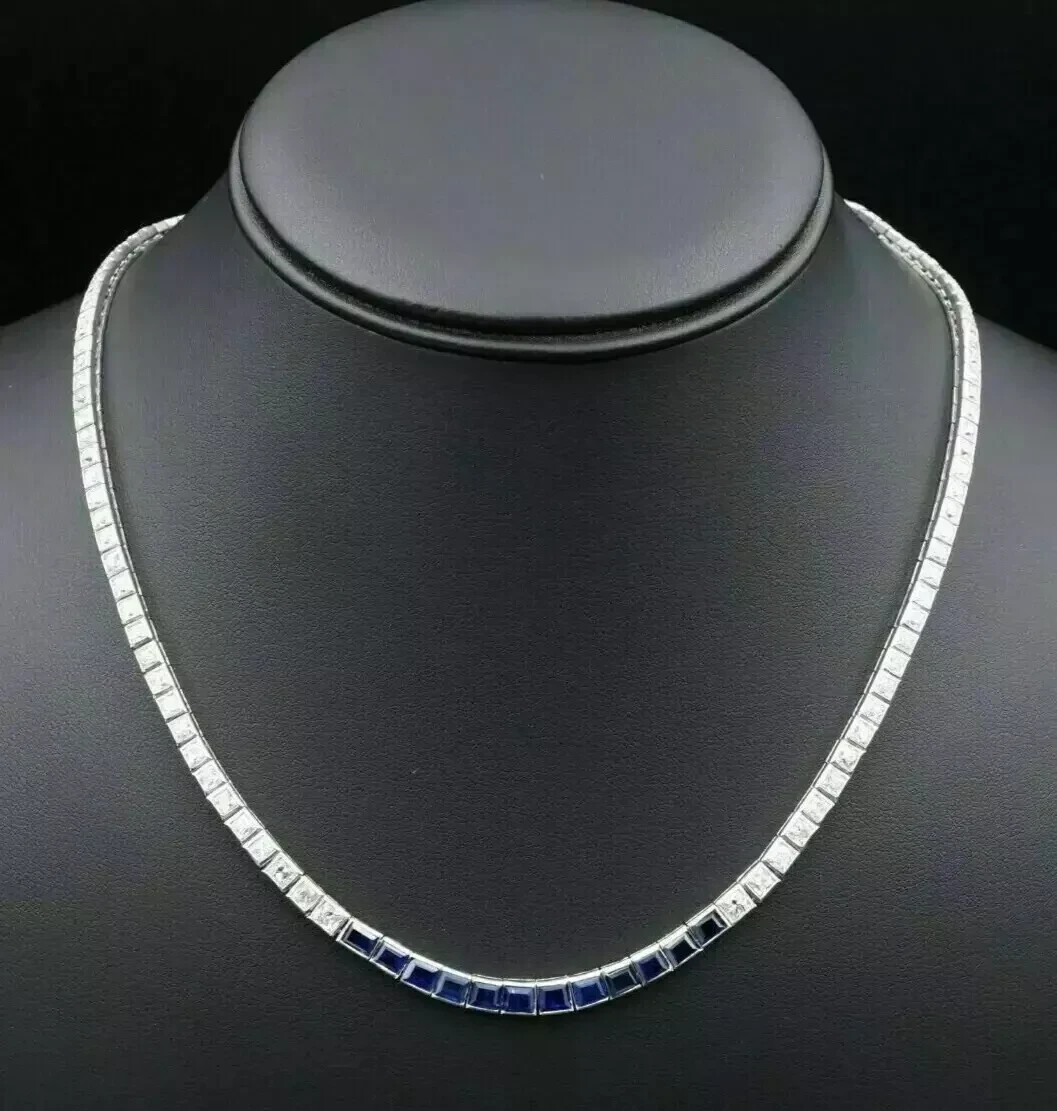 10CT Princess Cut Blue Sapphire Lab Crated Tennis Necklace 14K White Gold Plated