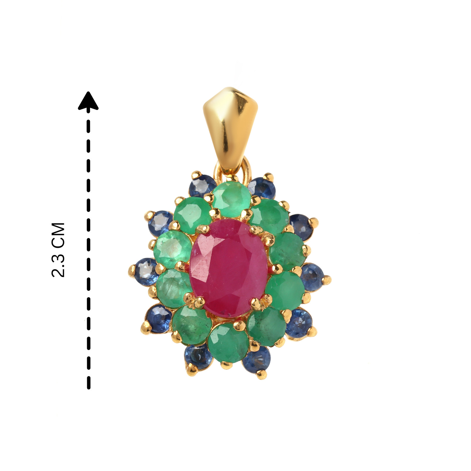 Natural Ruby Emerald Sapphire Pendant 18k Gold Handmade Gift for Her Size 2.3cm