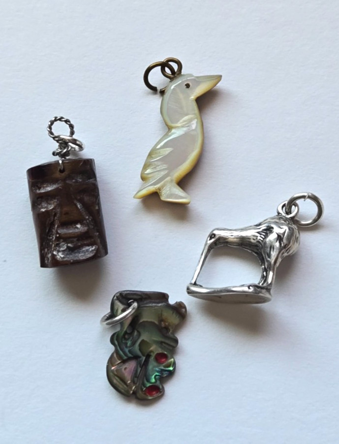 Lot of 4 VTG 70s New Zealand Travel Charms ~ Sterling, Pava Shell, Wood