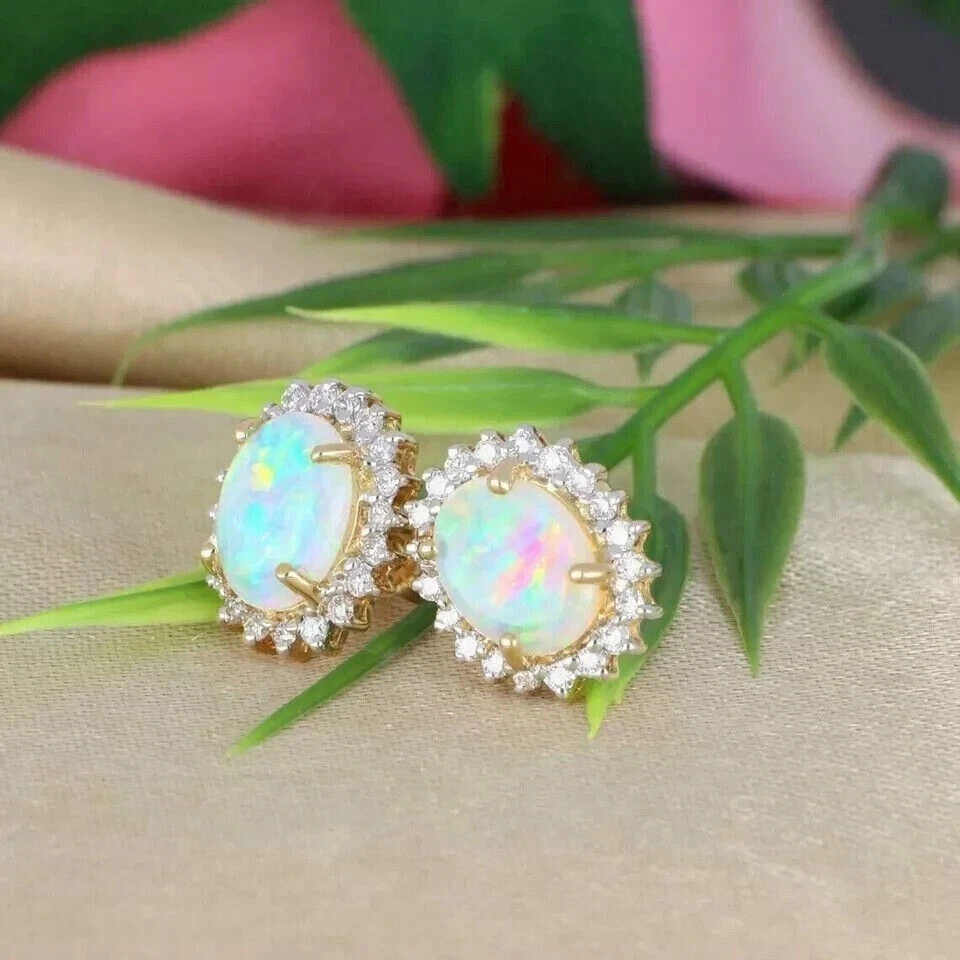 2.20Ct Oval Cut Simulated Fire Opal Halo Stud Earrings 14k Yellow Gold Plated