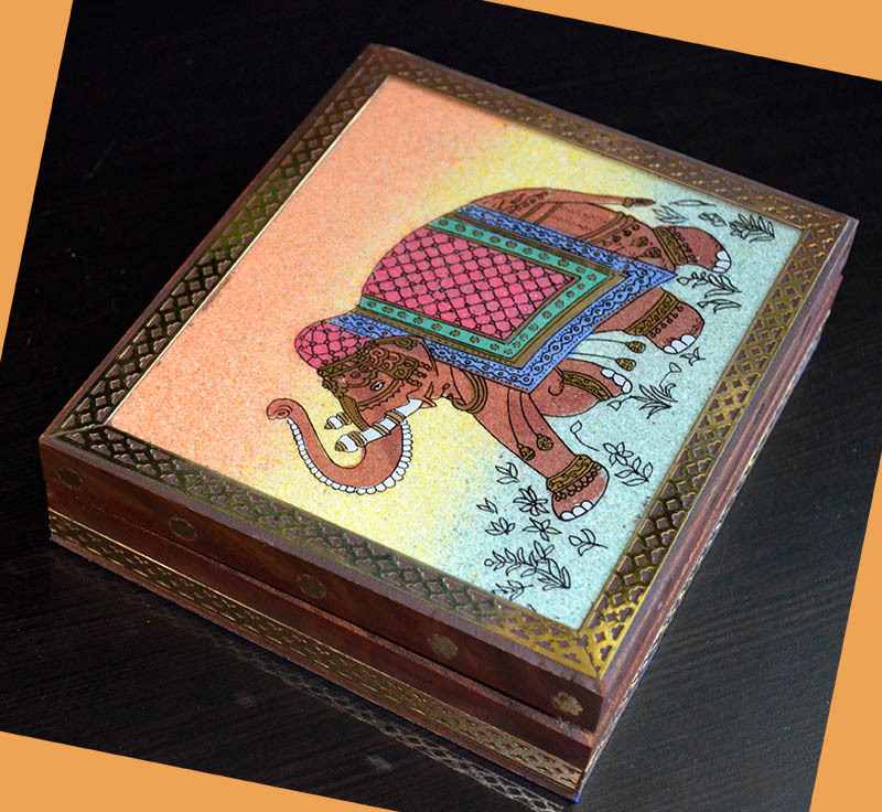 Wooden jewelry box with glass gem stone painting and brass border from India!