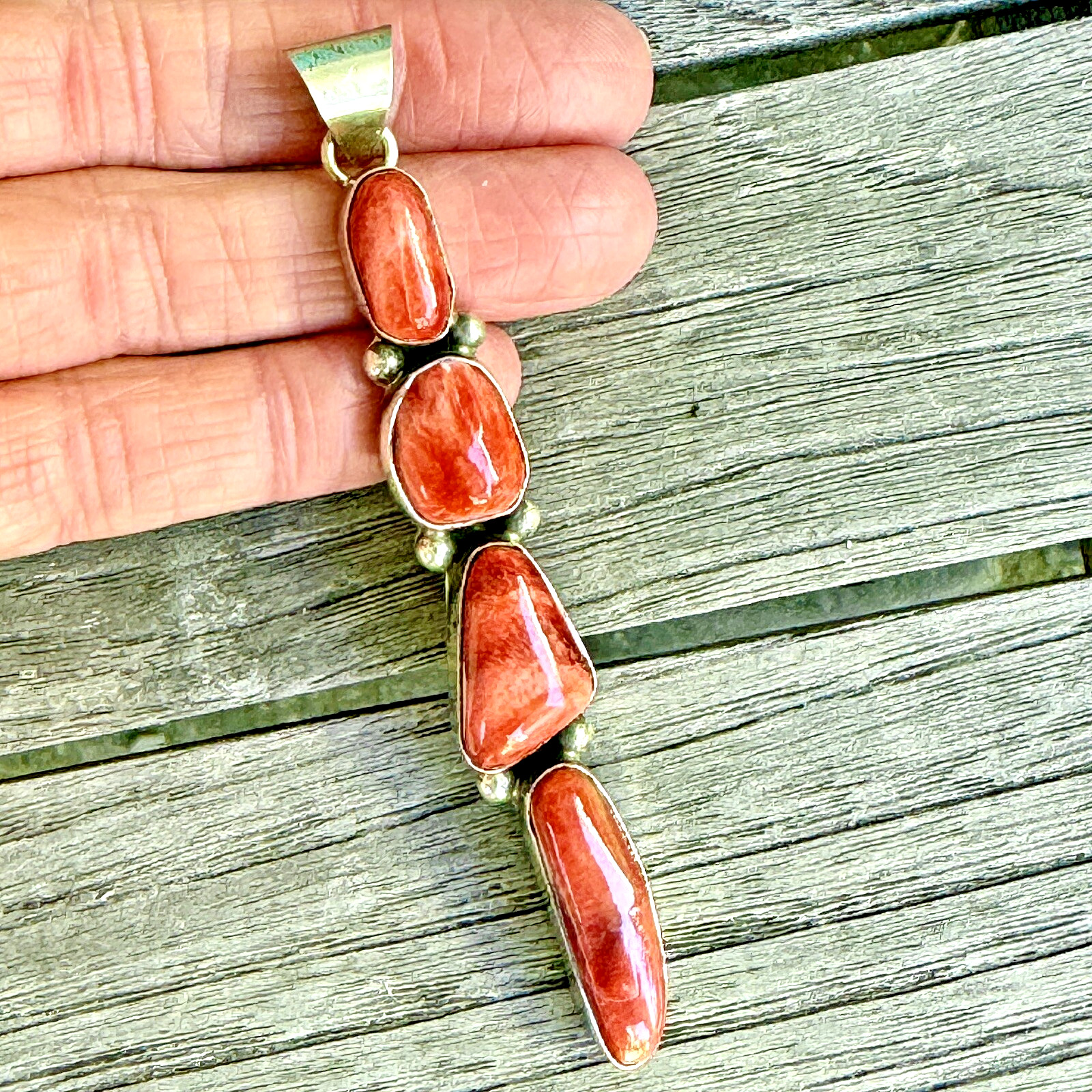 Long Navajo Pendant Red Spiny Oyster 3.75in Sterling Signed Juanita Turquoise