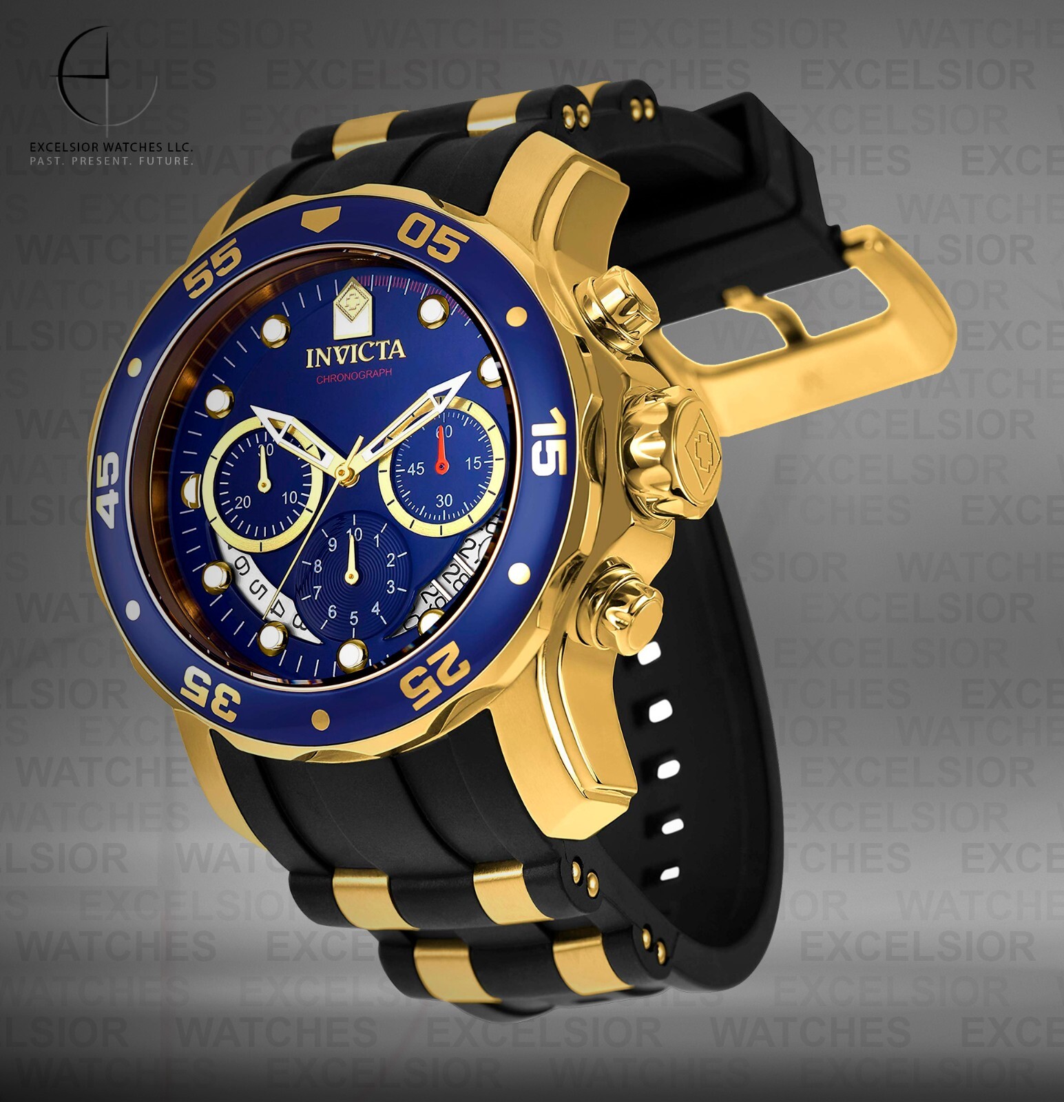 Invicta Mens 48mm PRO DIVER SCUBA Chronograph BLUE Dial 18K Gold Plated SS Watch
