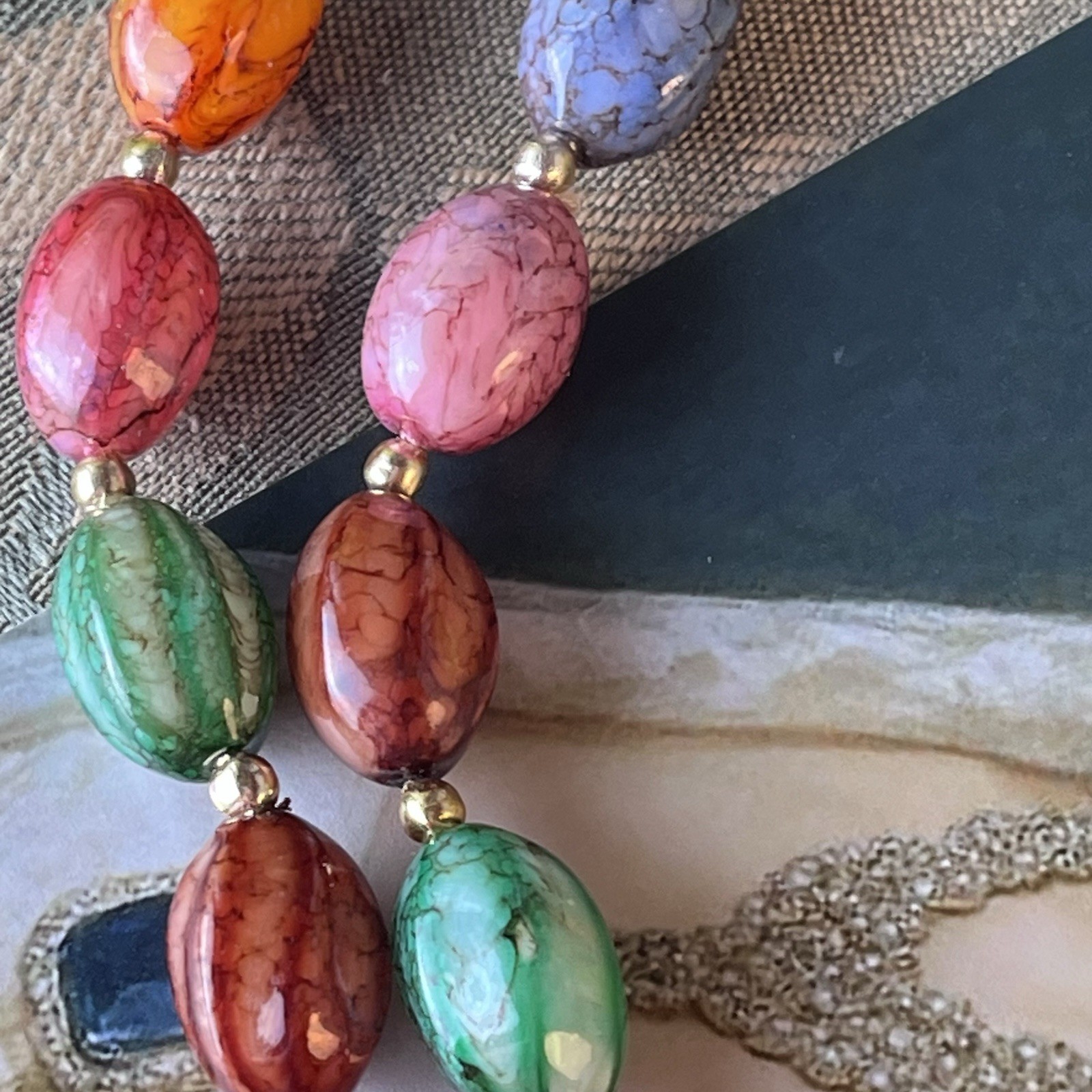 Vtg 48” Hong Kong Acrylic Egg Bead Sautoir Necklace – Easter Colors Gold Spacers