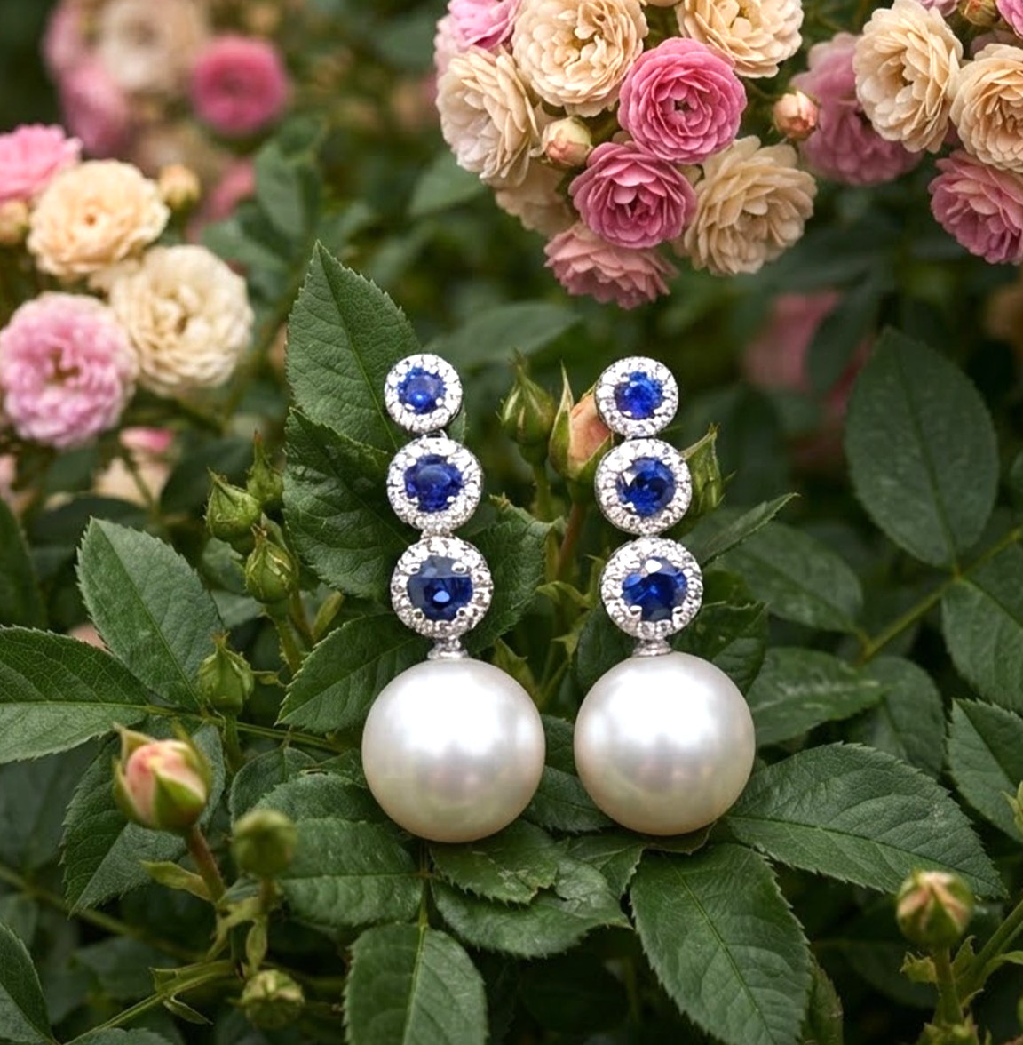 1.60ct Natural Diamond 14k BIS Hallmarked WhiteGold Sapphire Pearl Stud Earrings